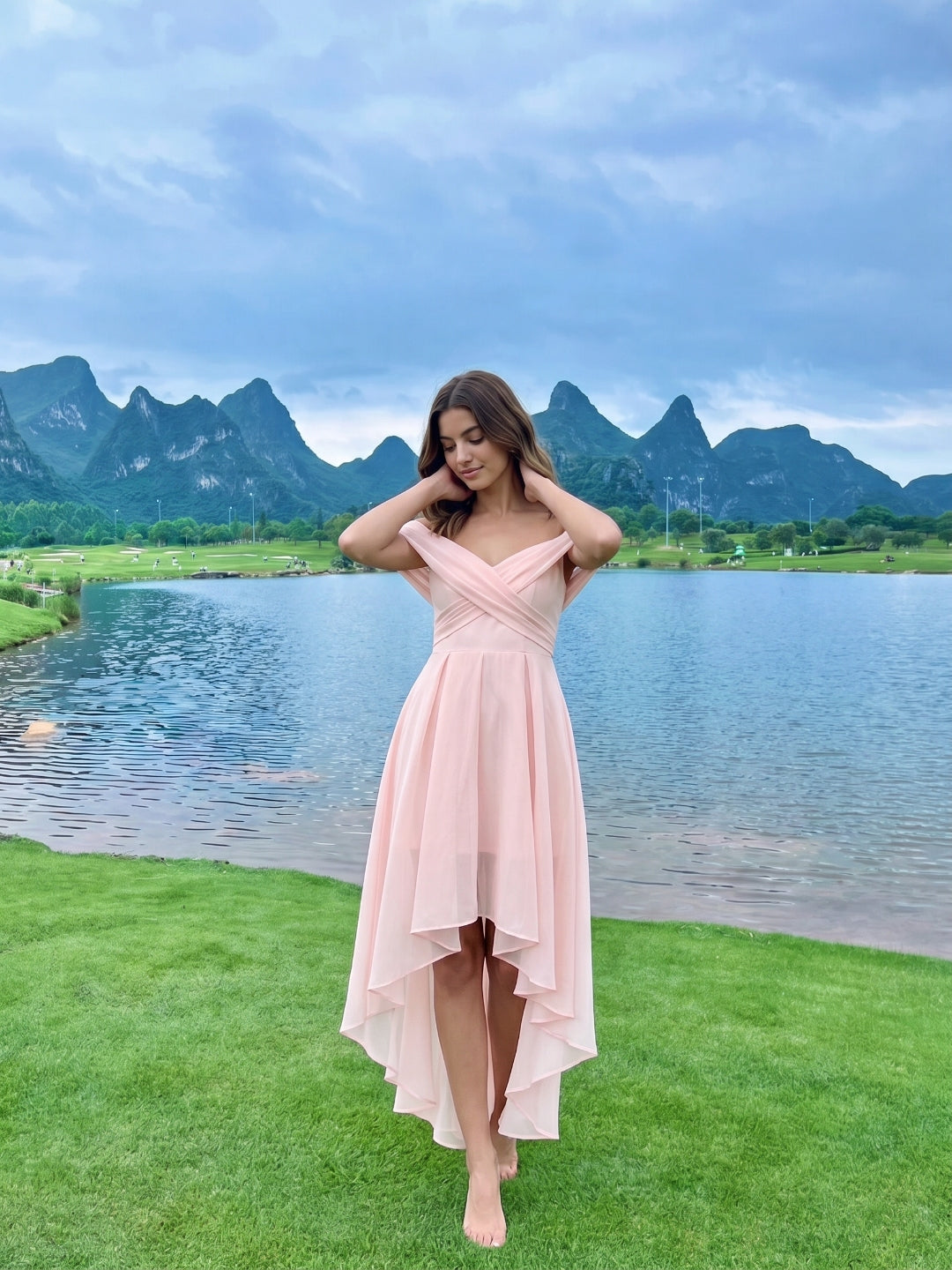 Blushing Pink Tulle A-Line Off-Shoulder Backless Asymmetrical Homecoming Dress with Pleating