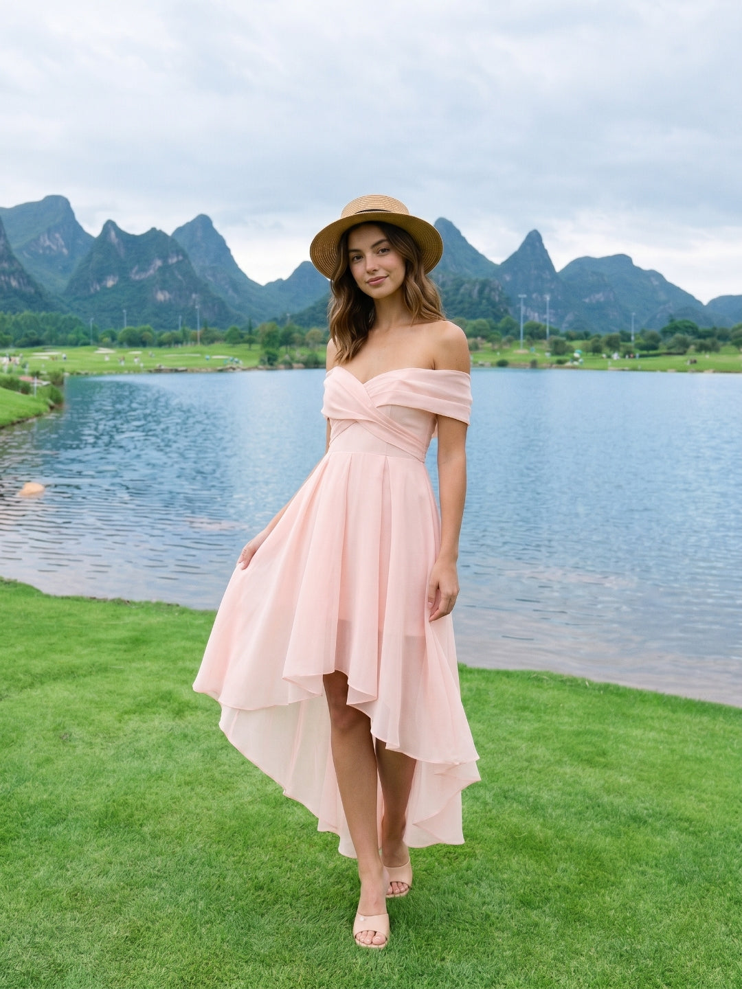 Blushing Pink Tulle A-Line Off-Shoulder Backless Asymmetrical Homecoming Dress with Pleating