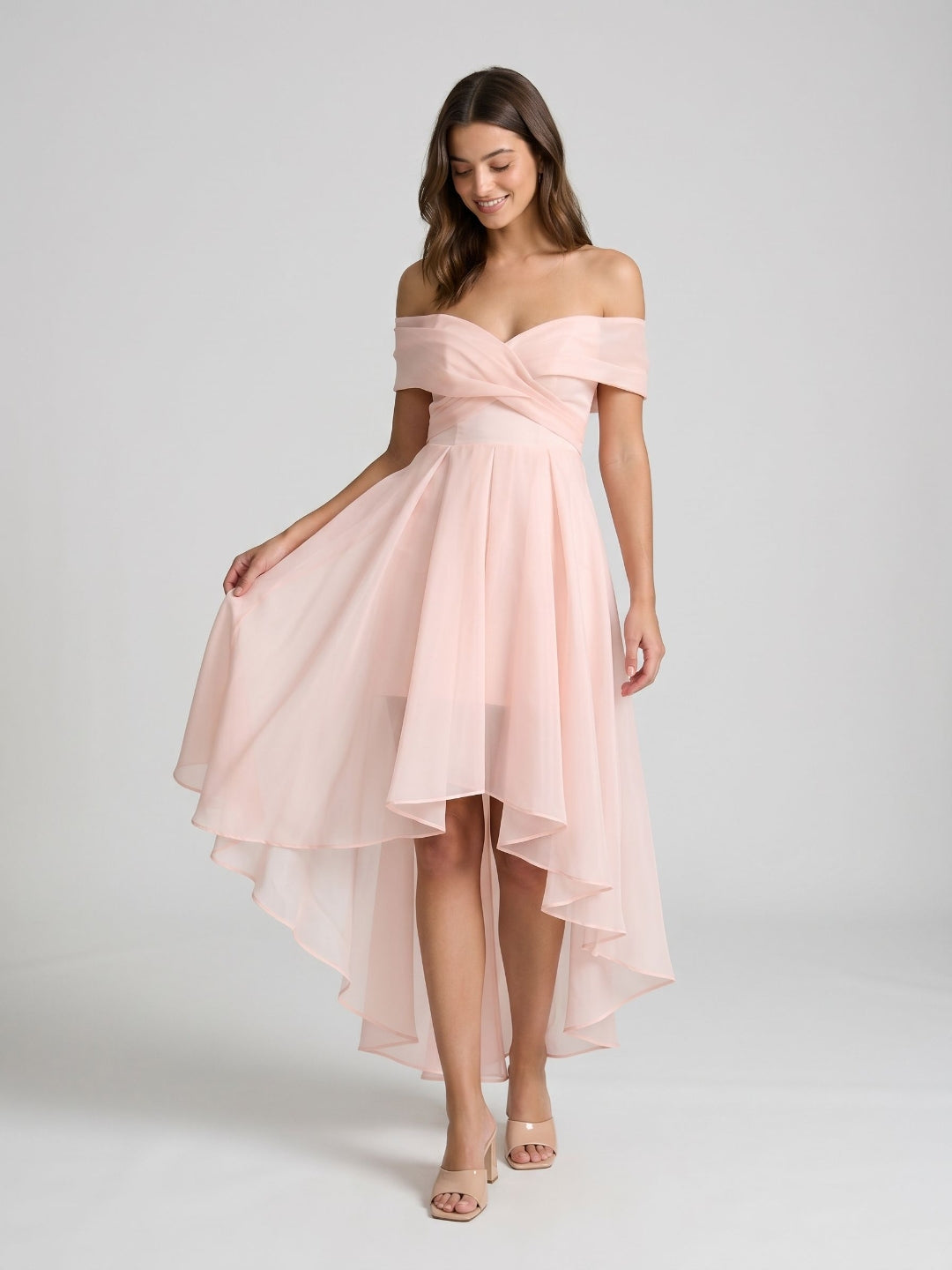 Blushing Pink Tulle A-Line Off-Shoulder Backless Asymmetrical Homecoming Dress with Pleating