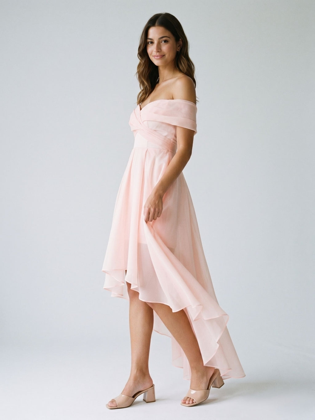 Blushing Pink Tulle A-Line Off-Shoulder Backless Asymmetrical Homecoming Dress with Pleating