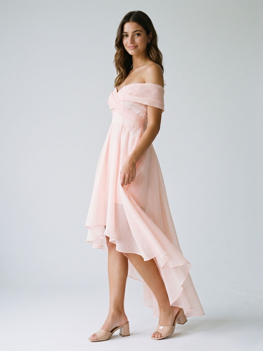 Blushing Pink Tulle A-Line Off-Shoulder Backless Asymmetrical Homecoming Dress with Pleating