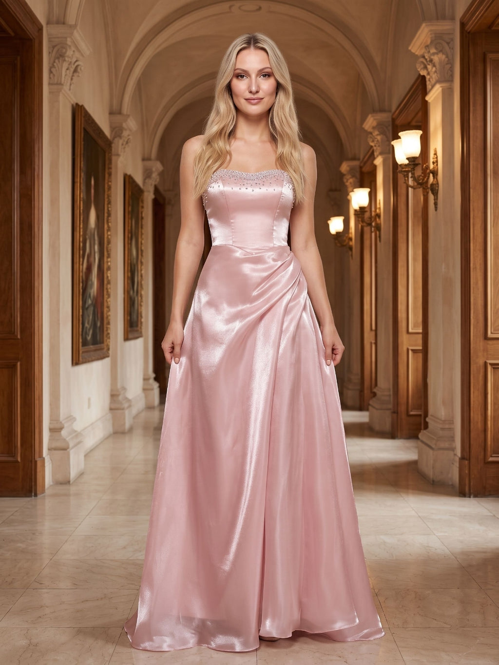 Blushing Pink Tulle A-Line Straight Neck Lace-up Floor-Length Dress