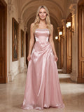 Blushing Pink Tulle A-Line Straight Neck Lace-up Floor-Length Dress