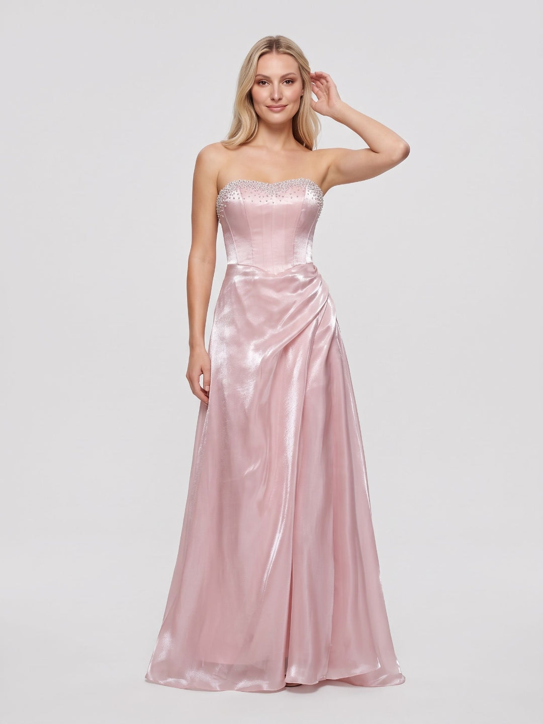 Blushing Pink Tulle A-Line Straight Neck Lace-up Floor-Length Dress