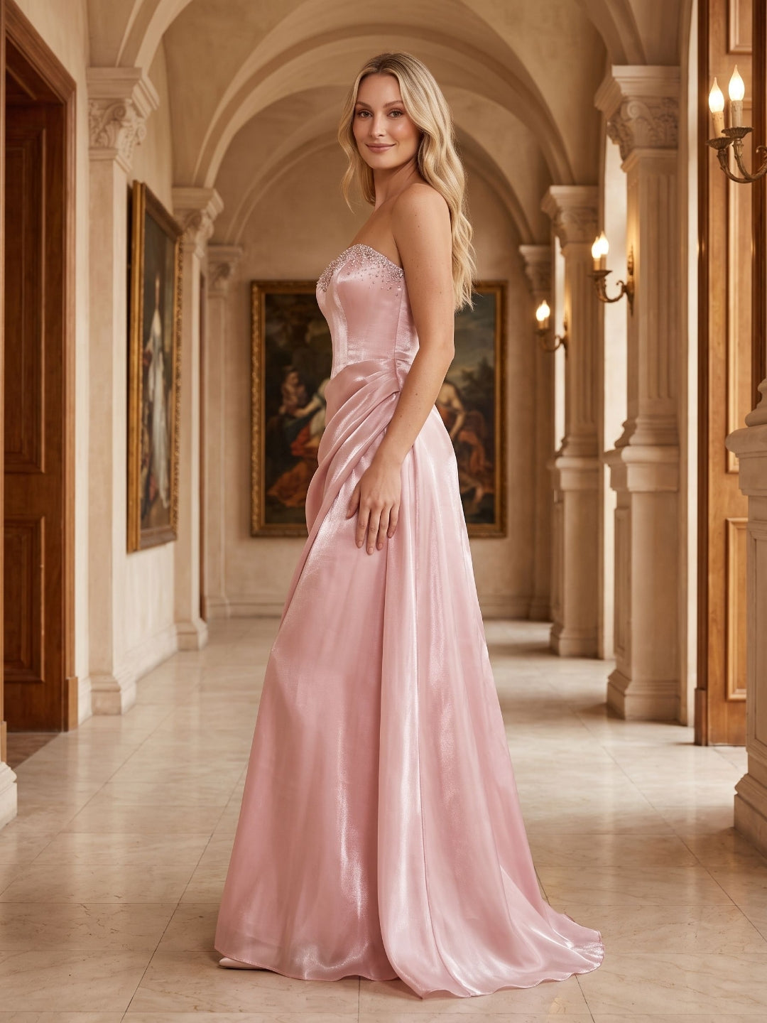 Blushing Pink Tulle A-Line Straight Neck Lace-up Floor-Length Dress