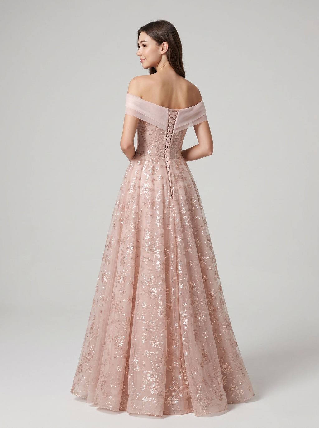 Blushing Pink Tulle & Sequins A-Line Off-the-Shoulder Floor-Length Dress