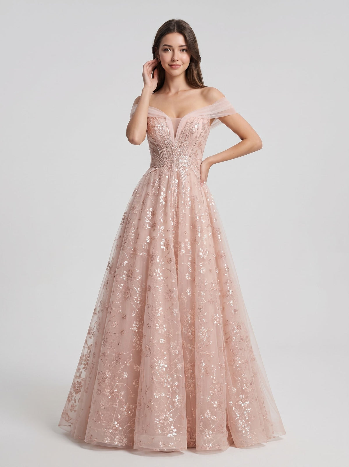 Blushing Pink Tulle & Sequins A-Line Off-the-Shoulder Floor-Length Dress