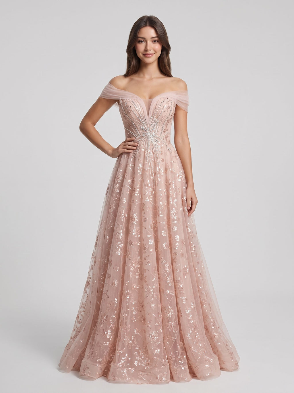 Blushing Pink Tulle & Sequins A-Line Off-the-Shoulder Floor-Length Dress