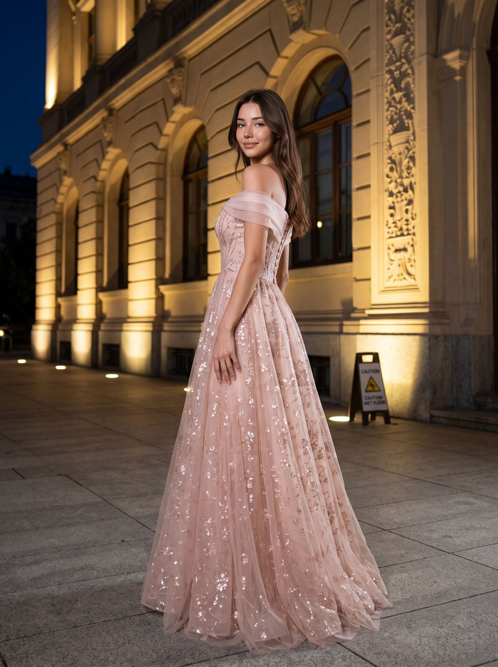 Blushing Pink Tulle & Sequins A-Line Off-the-Shoulder Floor-Length Dress
