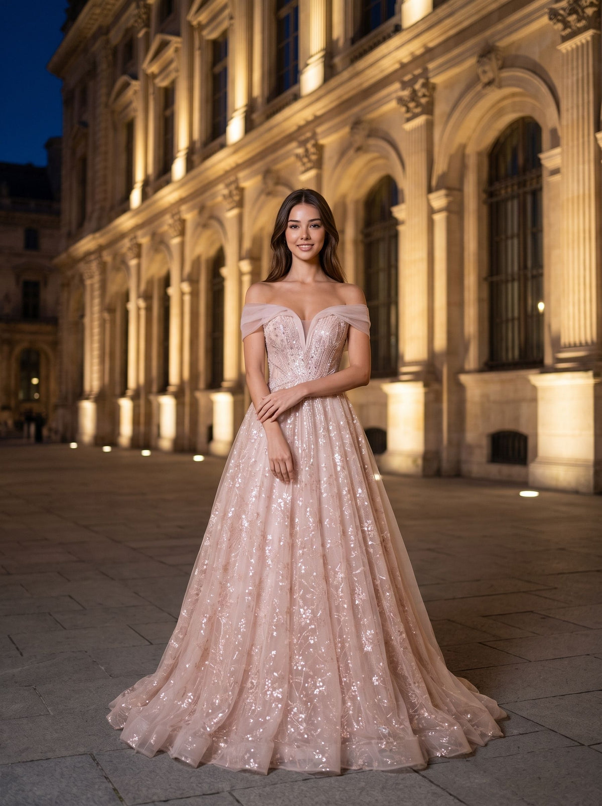 Blushing Pink Tulle & Sequins A-Line Off-the-Shoulder Floor-Length Dress