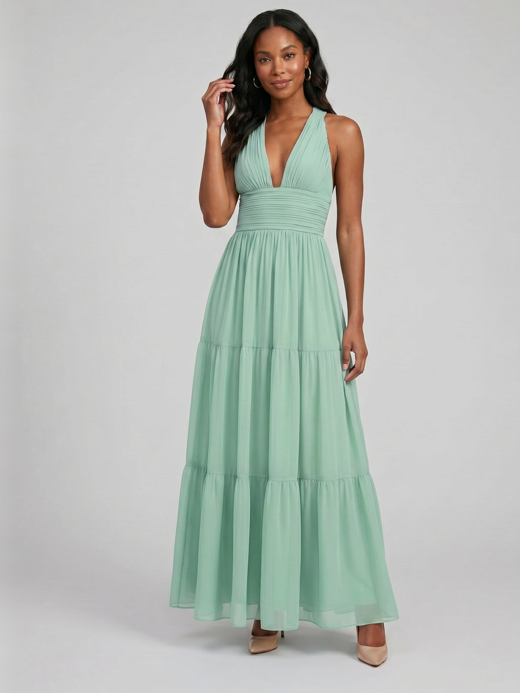 Boho Mint Green Chiffon A-Line V-Neck Back Zip Ankle-Length with Pleated Bridesmaid Dress