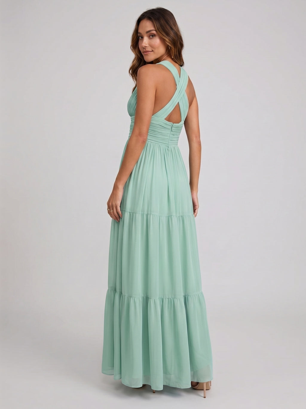 Boho Mint Green Chiffon A-Line V-Neck Back Zip Ankle-Length with Pleated Bridesmaid Dress