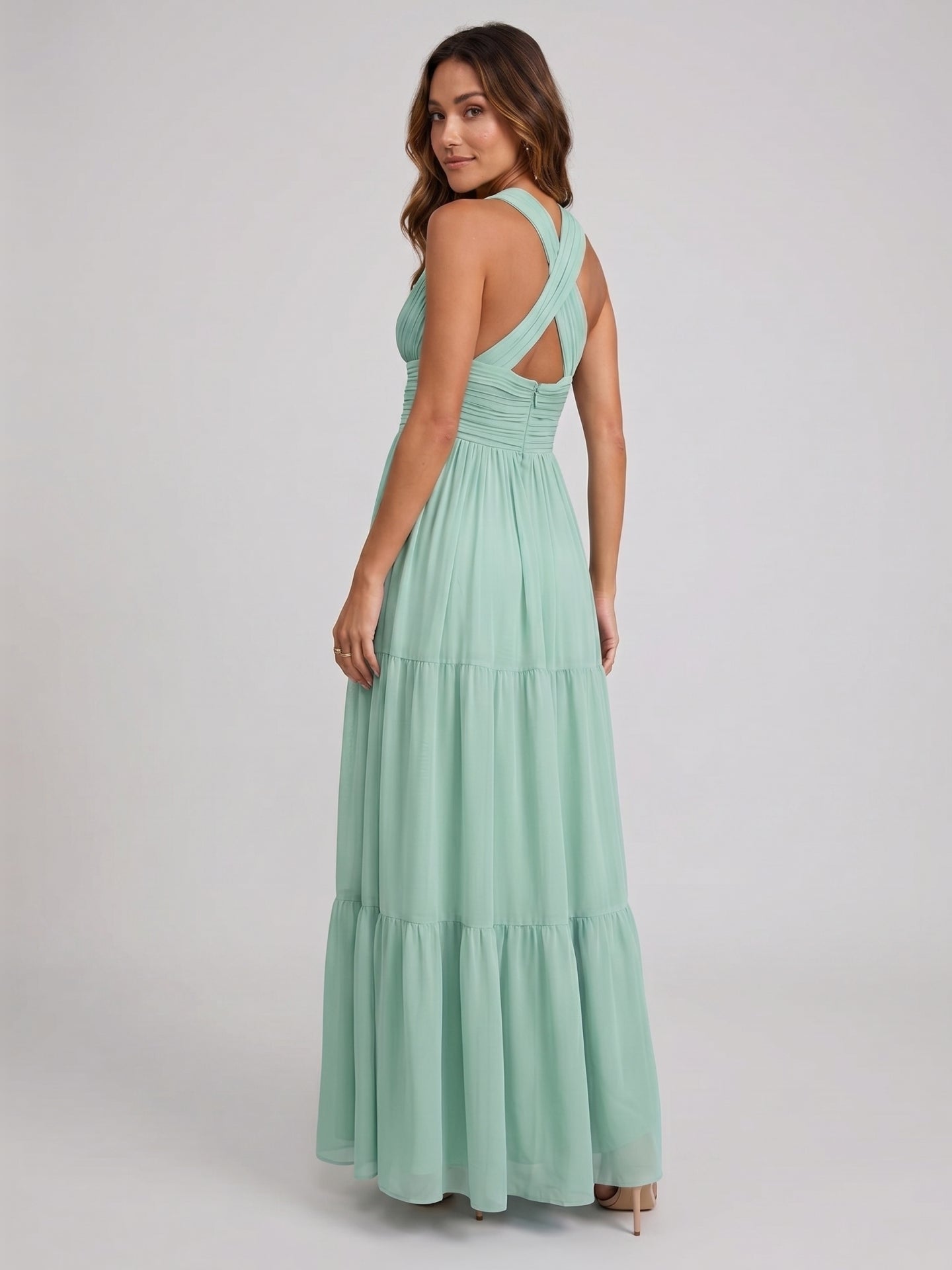 Boho Mint Green Chiffon A-Line V-Neck Back Zip Ankle-Length with Pleated Bridesmaid Dress