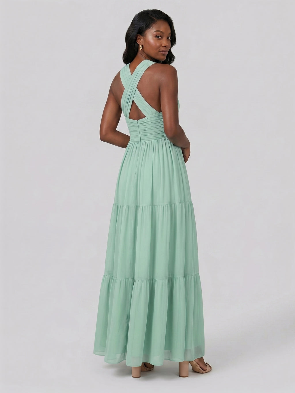 Boho Mint Green Chiffon A-Line V-Neck Back Zip Ankle-Length with Pleated Bridesmaid Dress