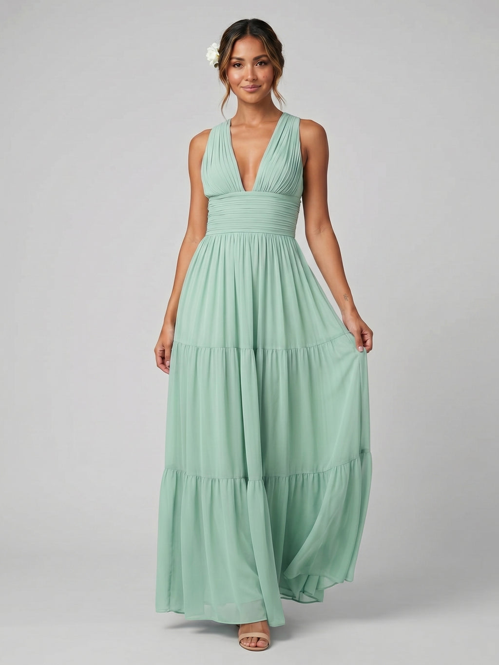 Boho Mint Green Chiffon A-Line V-Neck Back Zip Ankle-Length with Pleated Bridesmaid Dress