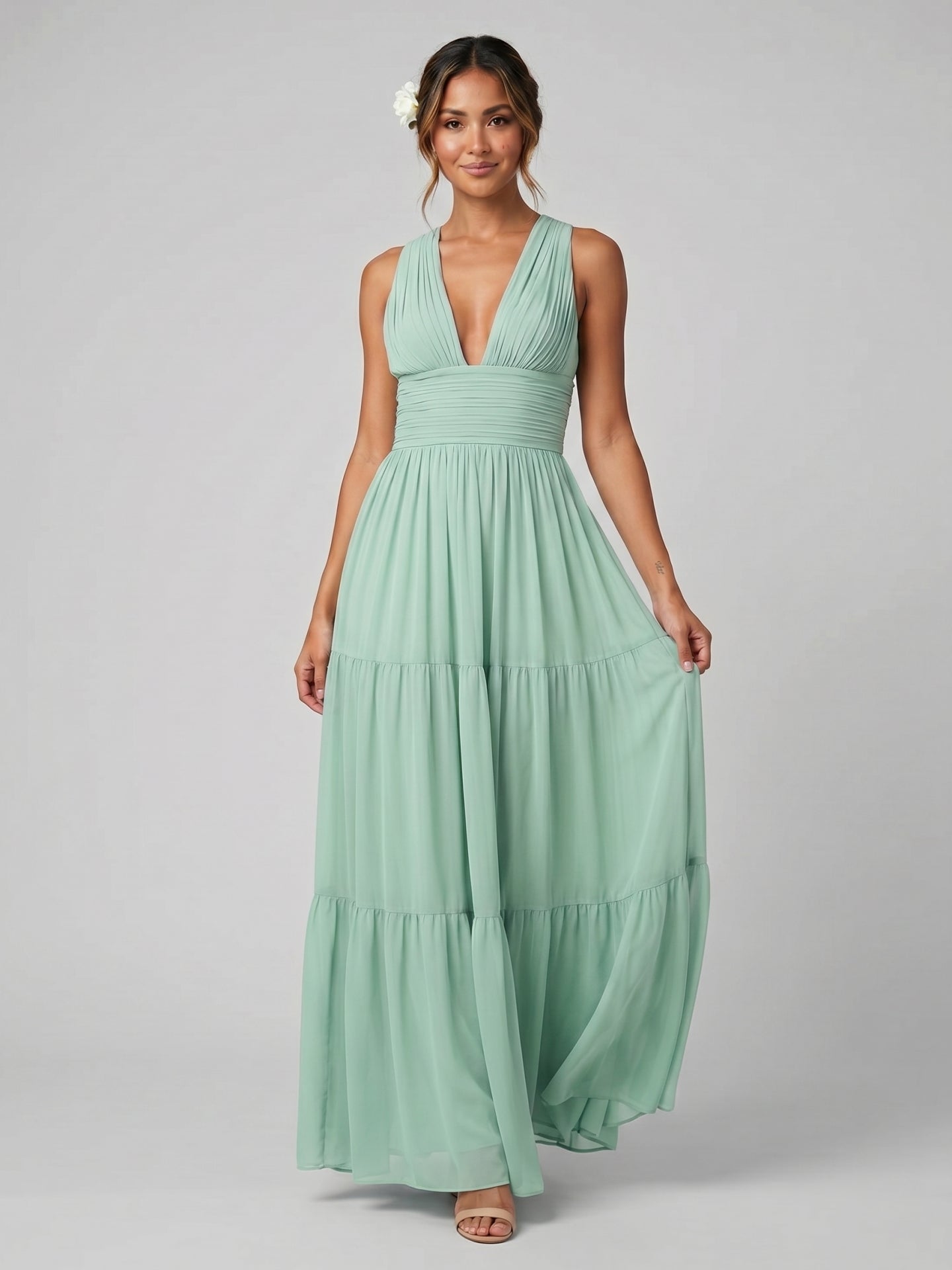 Boho Mint Green Chiffon A-Line V-Neck Back Zip Ankle-Length with Pleated Bridesmaid Dress