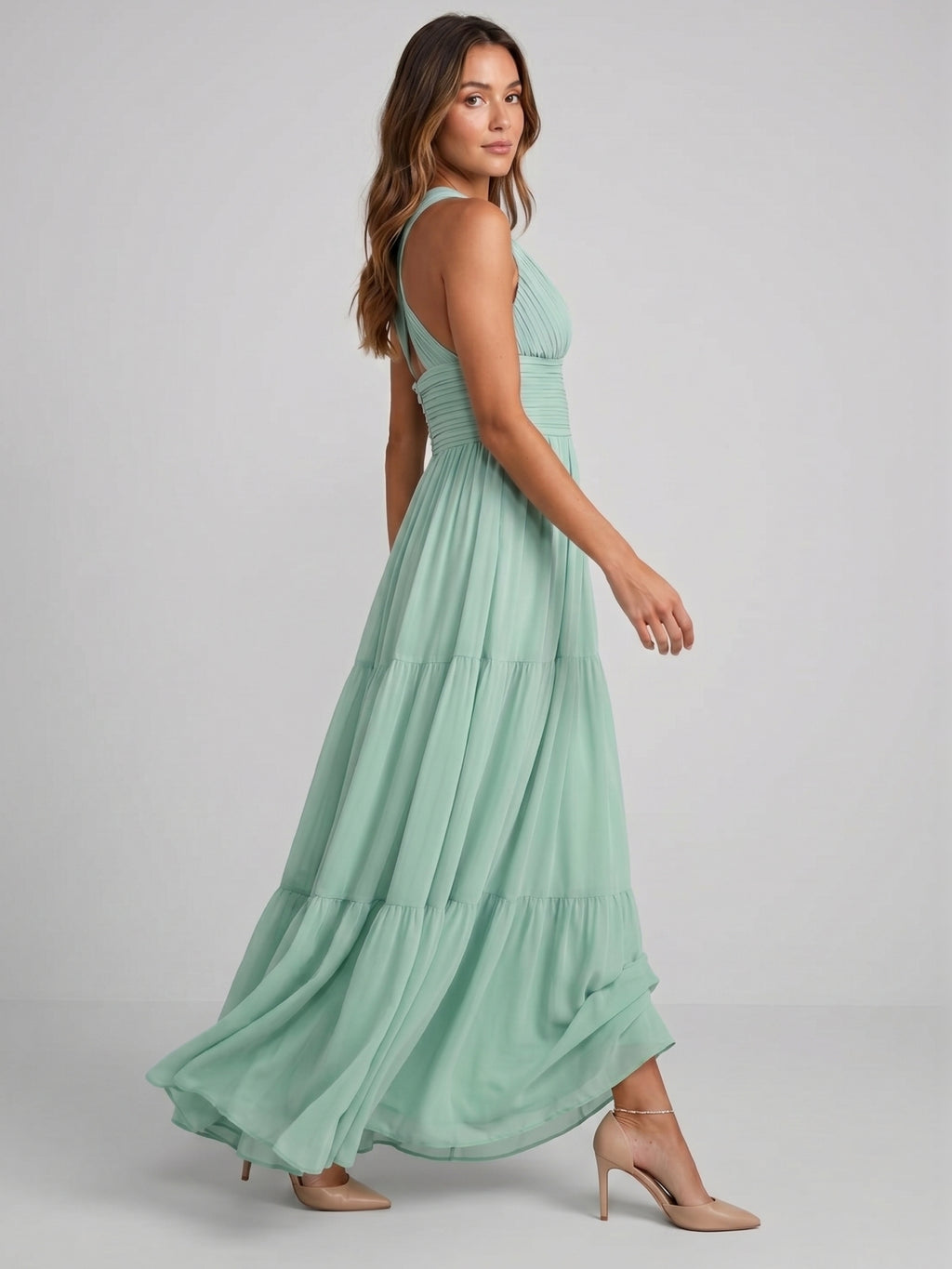 Boho Mint Green Chiffon A-Line V-Neck Back Zip Ankle-Length with Pleated Bridesmaid Dress