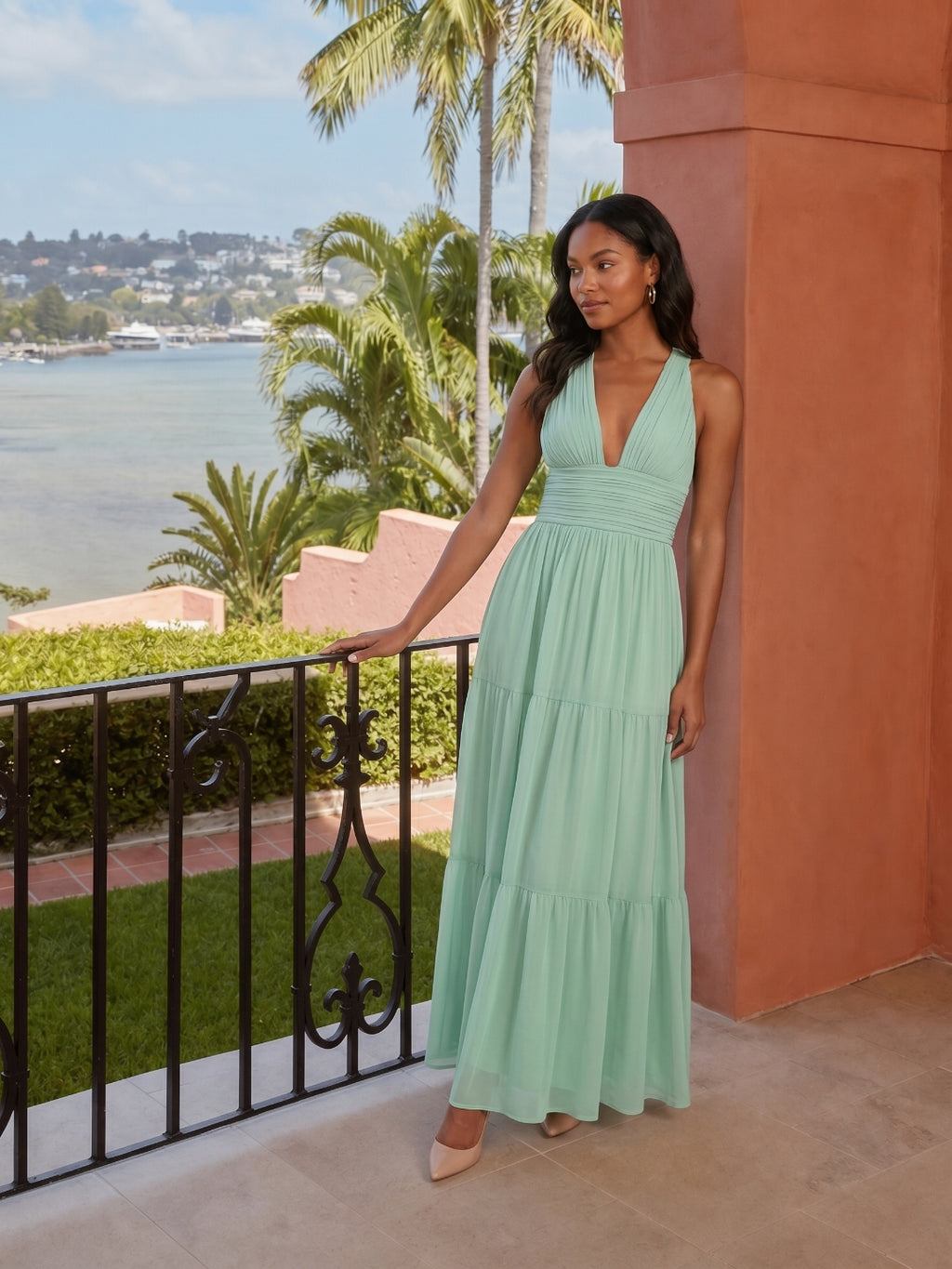 Boho Mint Green Chiffon A-Line V-Neck Back Zip Ankle-Length with Pleated Bridesmaid Dress
