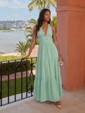 Boho Mint Green Chiffon A-Line V-Neck Back Zip Ankle-Length with Pleated Bridesmaid Dress