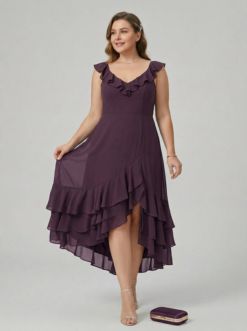 Boho Wine Chiffon A-Line Square Neck Backless Asymmetrical Plus Size Length Bridesmaid Dress with Cascading Ruffles