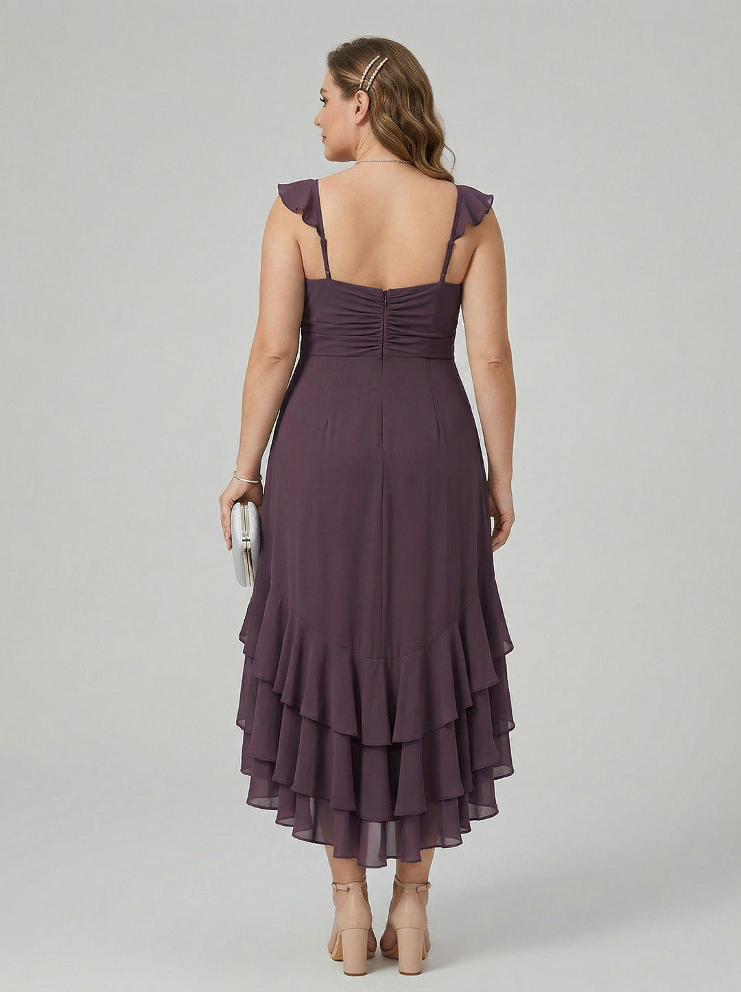 Boho Wine Chiffon A-Line Square Neck Backless Asymmetrical Plus Size Length Bridesmaid Dress with Cascading Ruffles
