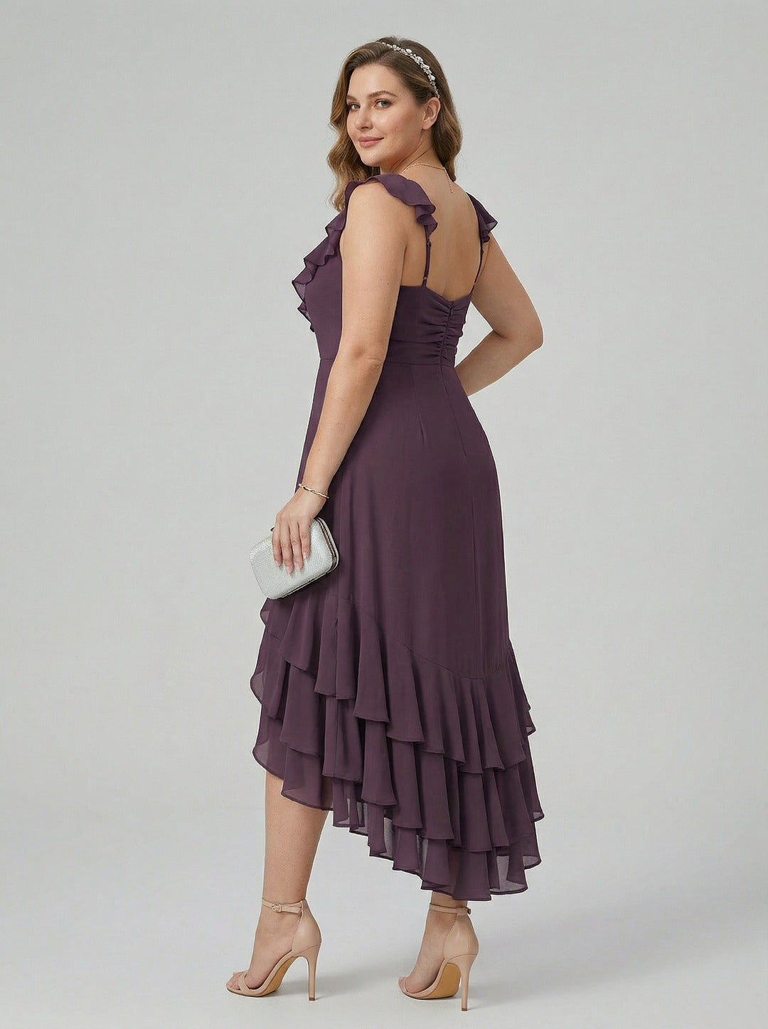 Boho Wine Chiffon A-Line Square Neck Backless Asymmetrical Plus Size Length Bridesmaid Dress with Cascading Ruffles