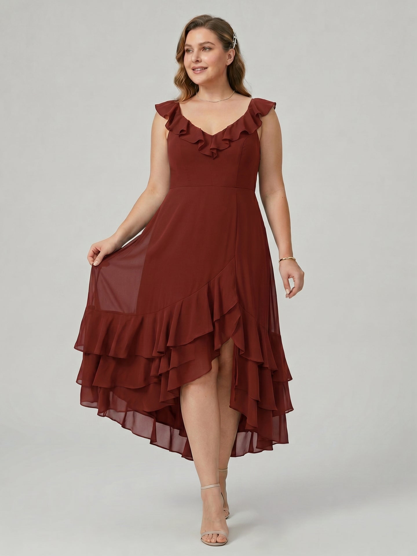 Boho Wine Chiffon A-Line V-Neck Backless Asymmetrical Plus Size Length Bridesmaid Dress with Cascading Ruffles
