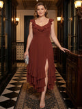 Boho Wine Chiffon A-Line V-Neck Backless Asymmetrical Plus Size Length Bridesmaid Dress with Cascading Ruffles