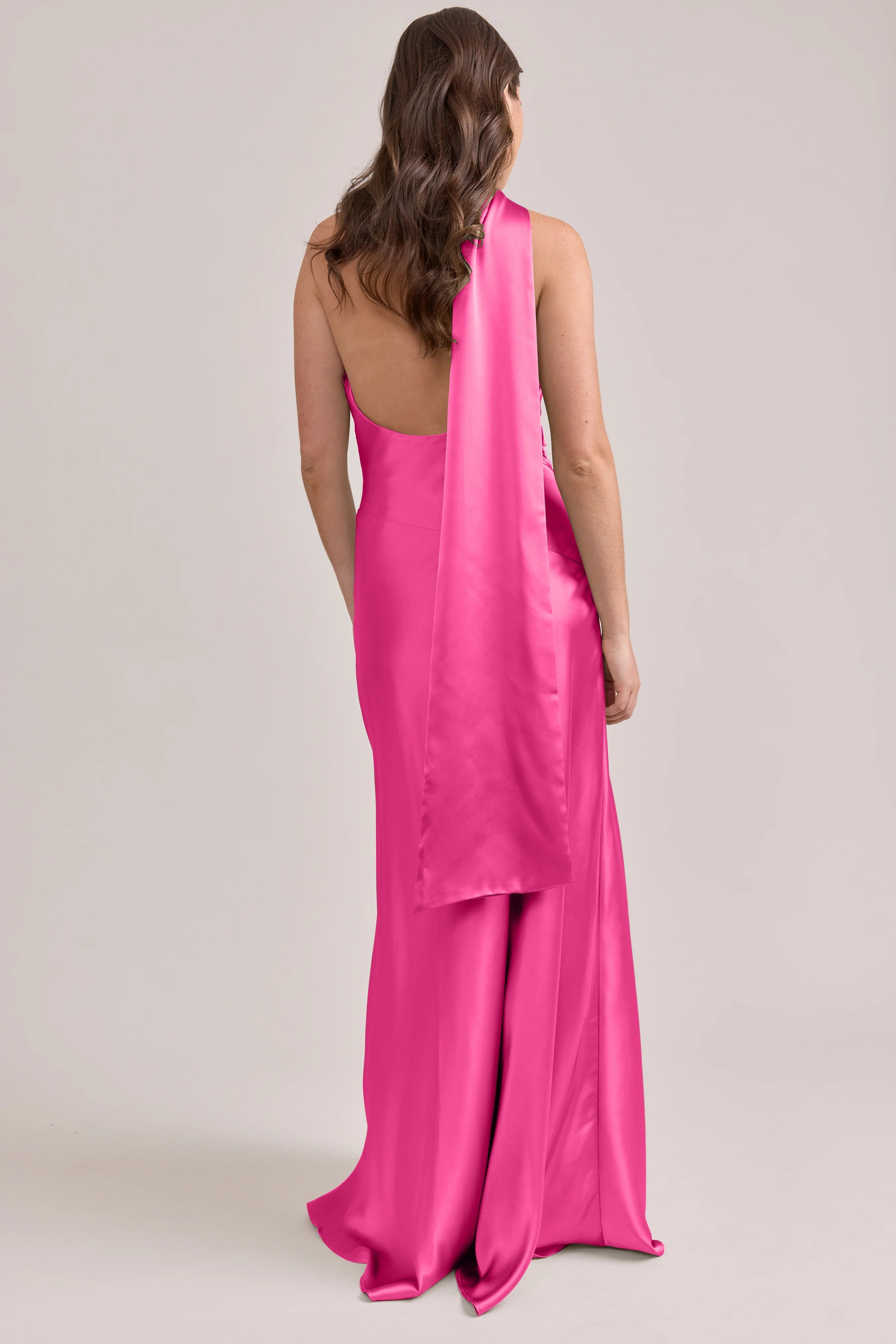 Bold One-Shoulder Hot Pink Satin Bridesmaid Dress with Dramatic Drape Detail, Open Back & Floor-Length Hem
