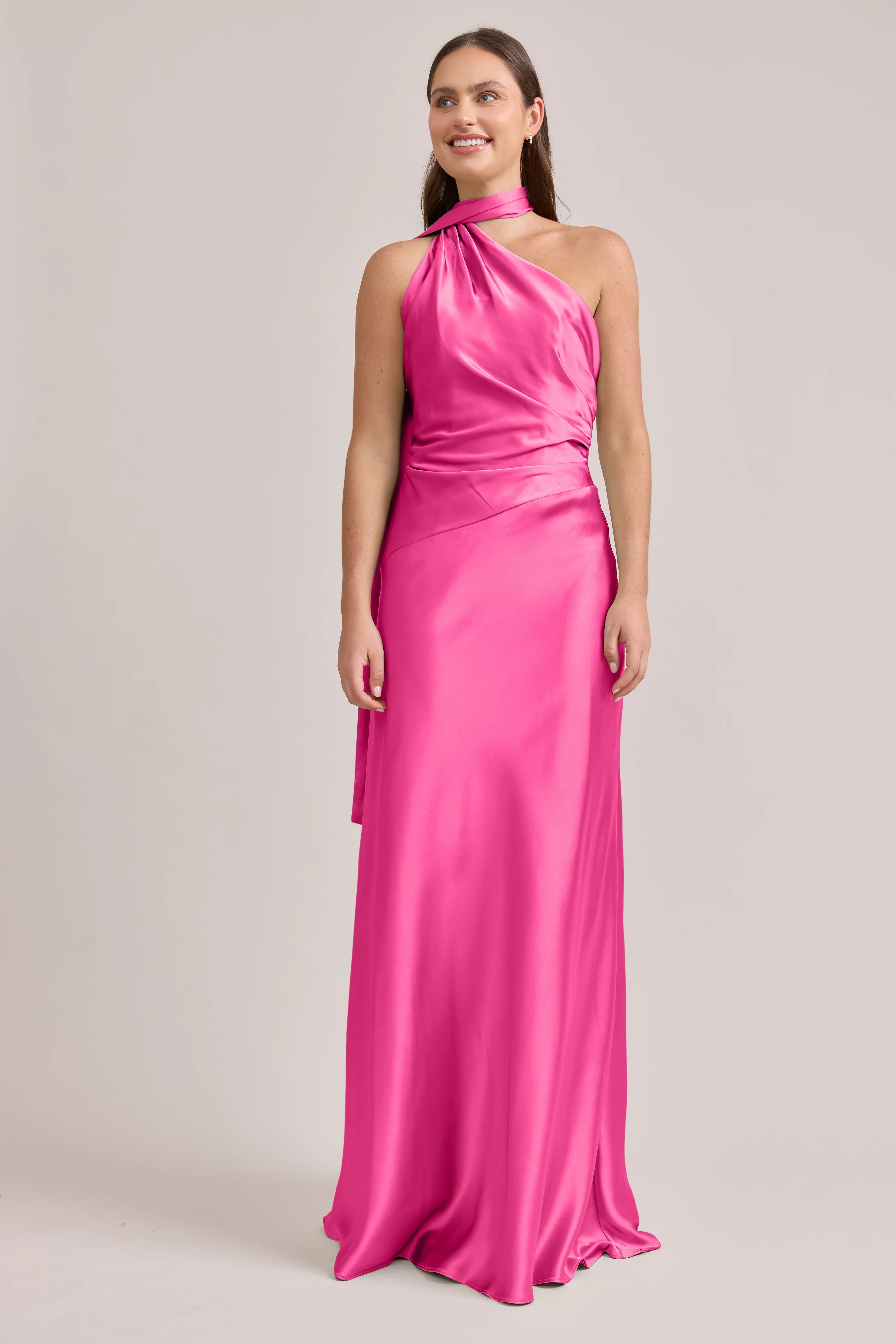 Bold One-Shoulder Hot Pink Satin Bridesmaid Dress with Dramatic Drape Detail, Open Back & Floor-Length Hem