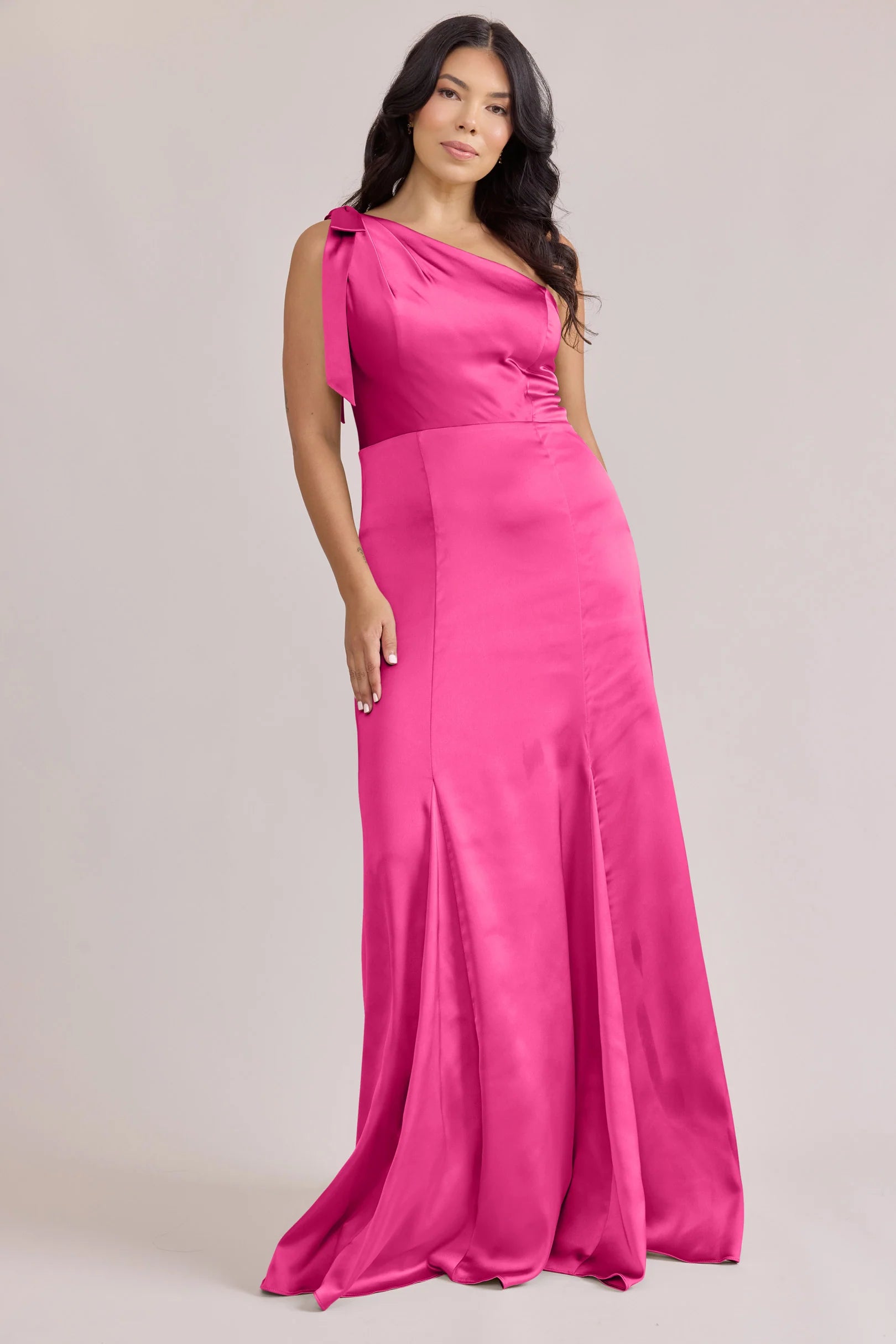 Bold One-Shoulder Hot Pink Satin Bridesmaid Dress with Self-Tie Bow Detail & Flowy Mermaid Floor-Length Hem