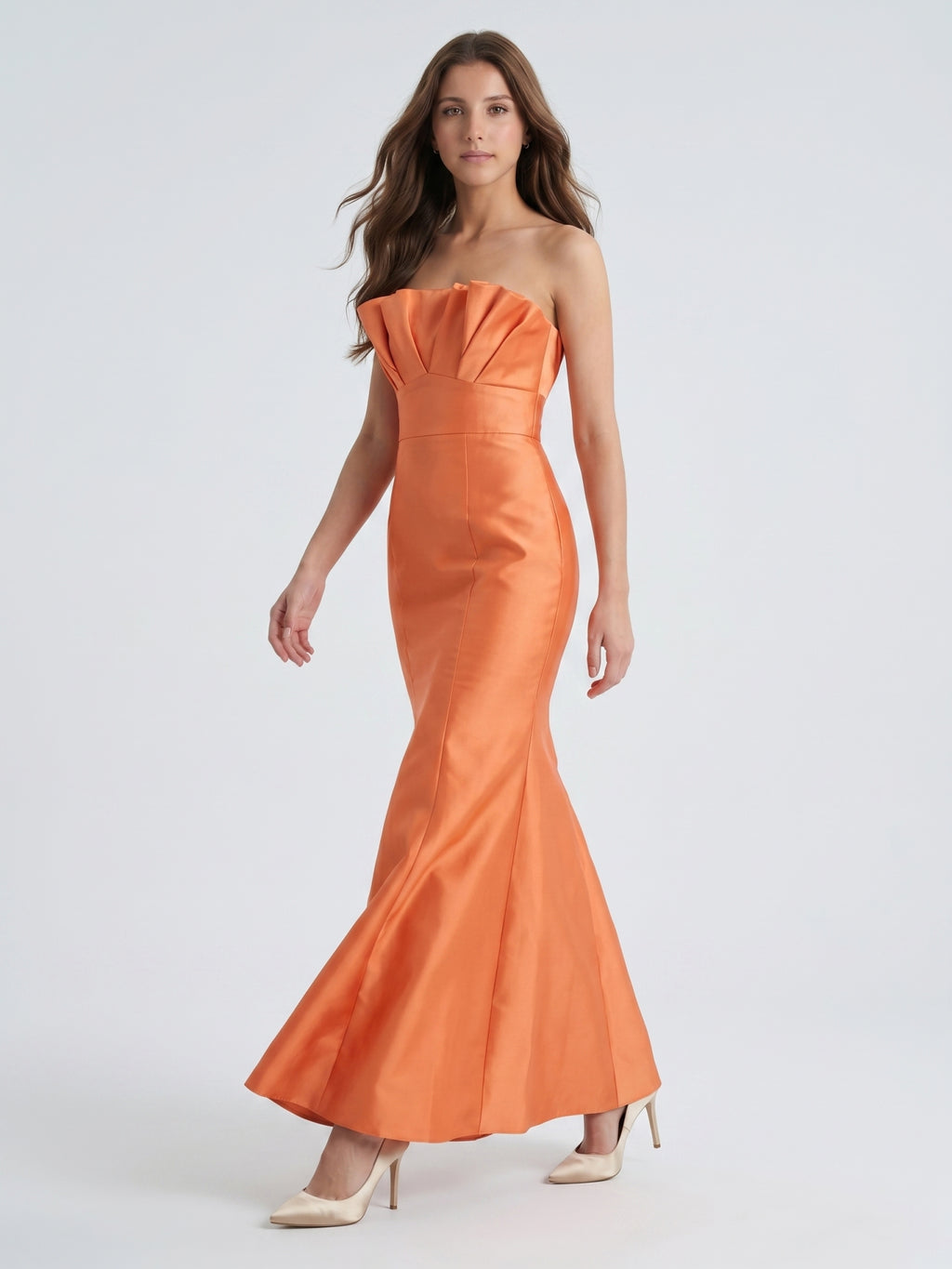 Bold Orange Satin Trumpet Straight Neck Backless Floor-Length Bridesmaid Dress with Pleated Detail
