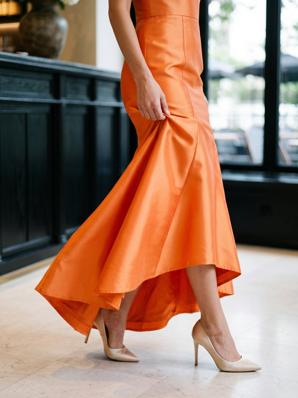 Bold Orange Satin Trumpet Straight Neck Backless Floor-Length Bridesmaid Dress with Pleated Detail