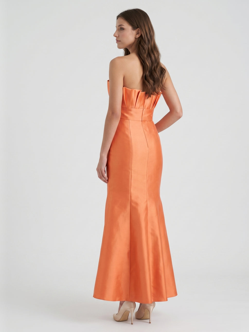 Bold Orange Satin Trumpet Straight Neck Backless Floor-Length Bridesmaid Dress with Pleated Detail