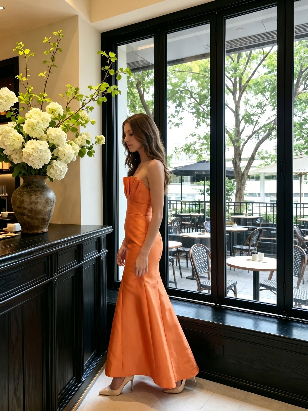 Bold Orange Satin Trumpet Straight Neck Backless Floor-Length Bridesmaid Dress with Pleated Detail