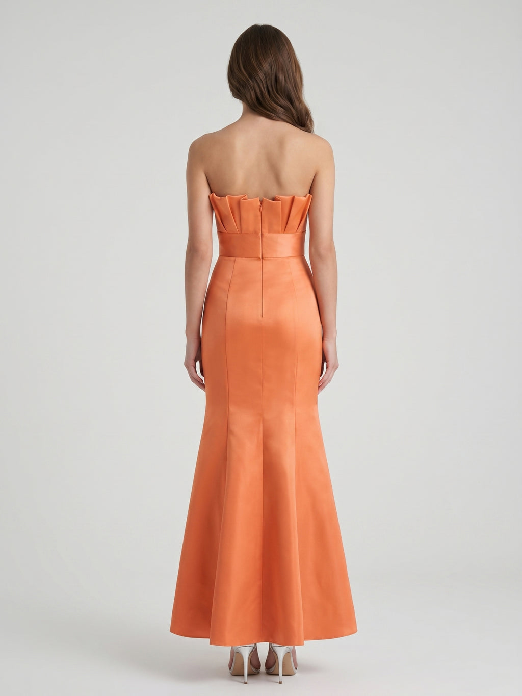 Bold Orange Satin Trumpet Straight Neck Backless Floor-Length Bridesmaid Dress with Pleated Detail