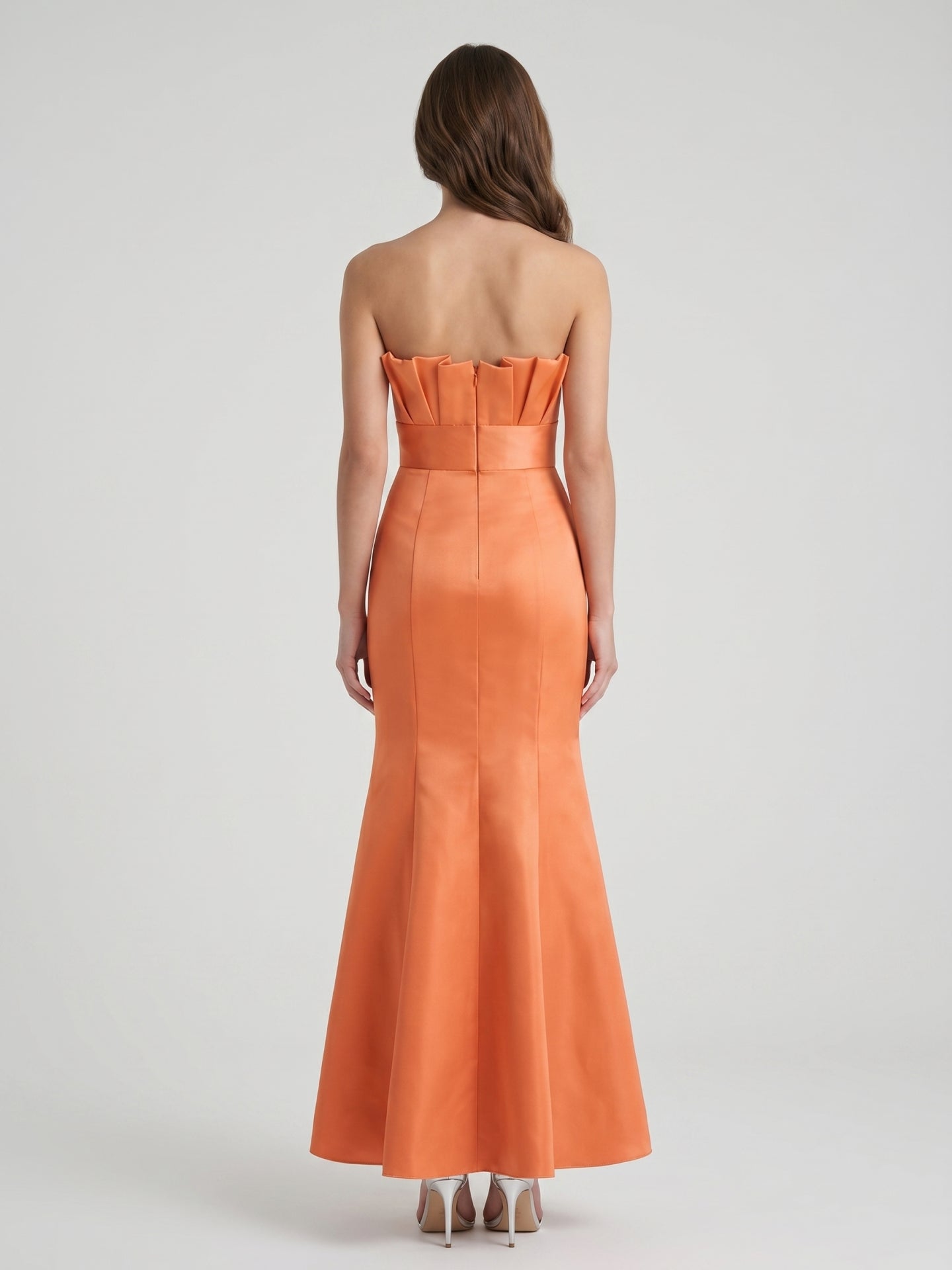 Bold Orange Satin Trumpet Straight Neck Backless Floor-Length Bridesmaid Dress with Pleated Detail
