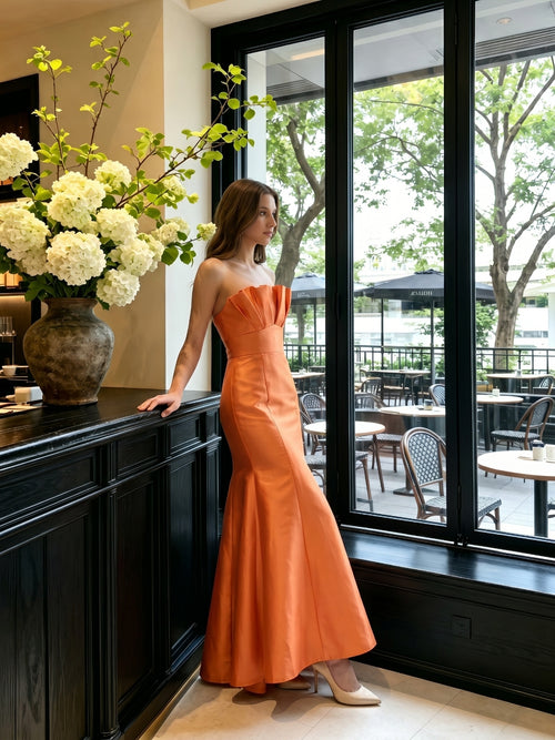 Bold Orange Satin Trumpet Straight Neck Backless Floor-Length Bridesmaid Dress with Pleated Detail