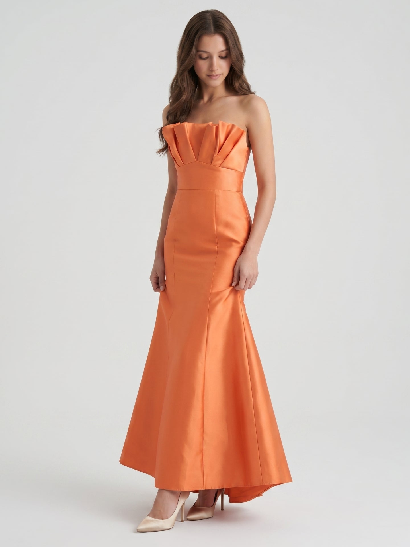 Bold Orange Satin Trumpet Straight Neck Backless Floor-Length Bridesmaid Dress with Pleated Detail