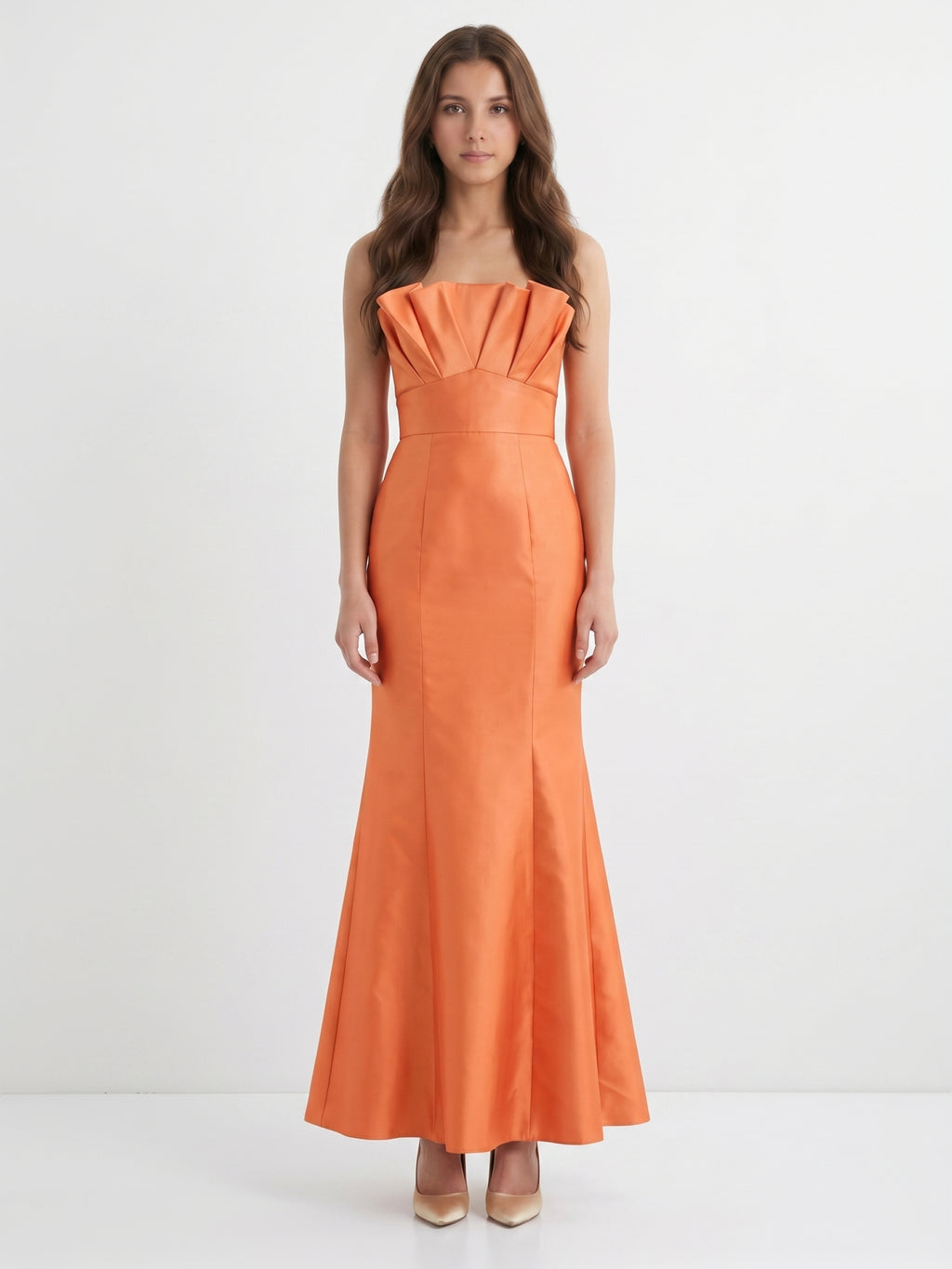 Bold Orange Satin Trumpet Straight Neck Backless Floor-Length Bridesmaid Dress with Pleated Detail