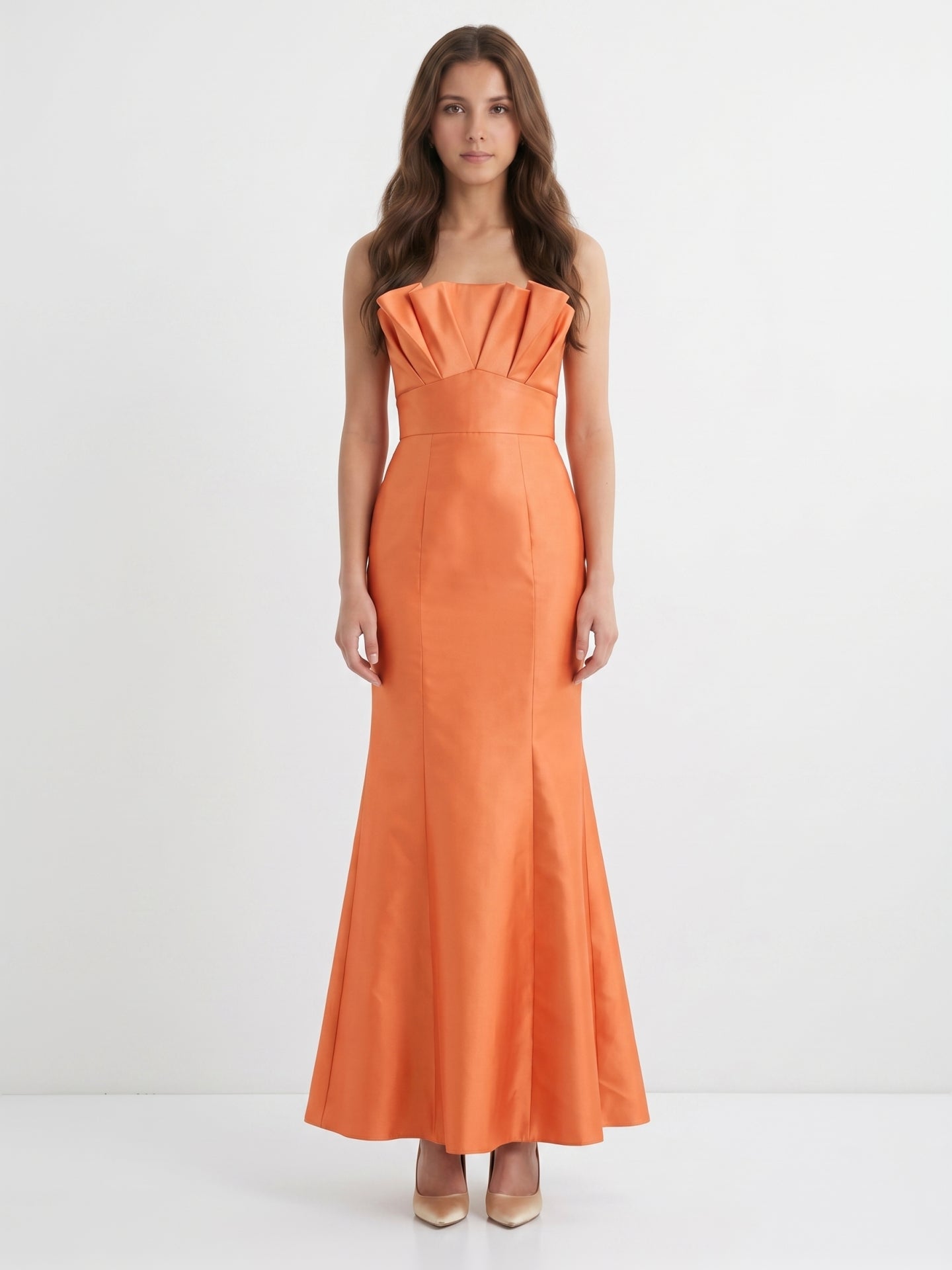 Bold Orange Satin Trumpet Straight Neck Backless Floor-Length Bridesmaid Dress with Pleated Detail
