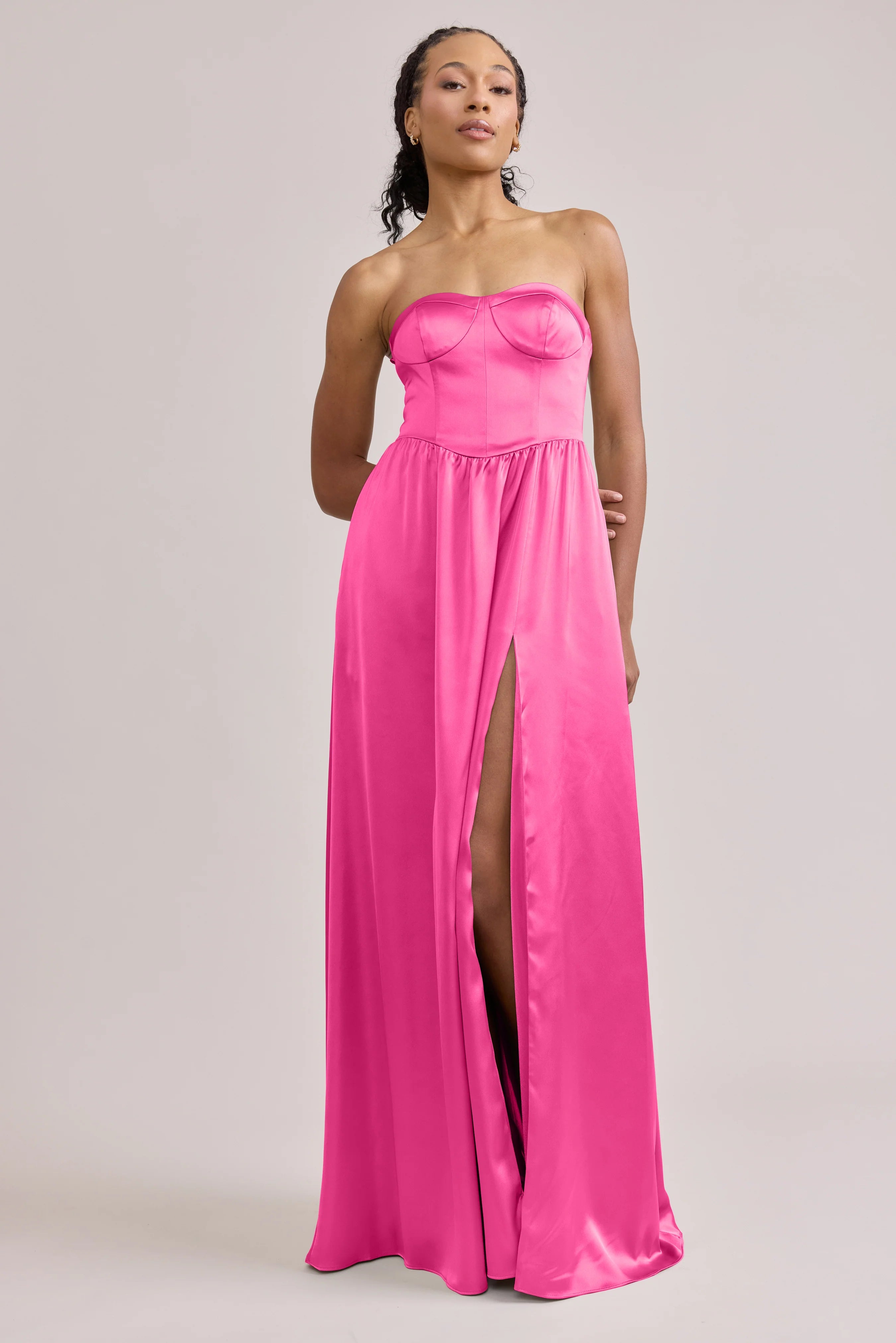 Bold Strapless Sweetheart Hot Pink Satin Bridesmaid Dress with Lace-Up Back, High Thigh Slit & Flowy A-Line Floor-Length Hem