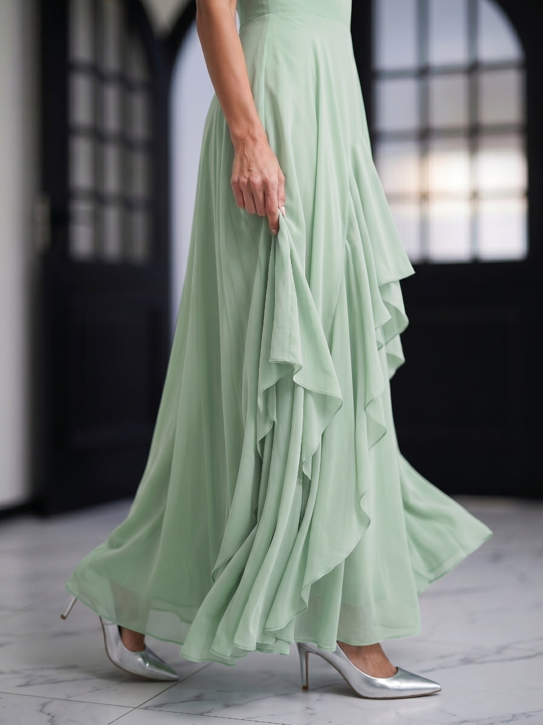 Breezy Dusty Sage Chiffon A-Line V-Neck Backless Floor-Length Bridesmaid Dress with Ruffle