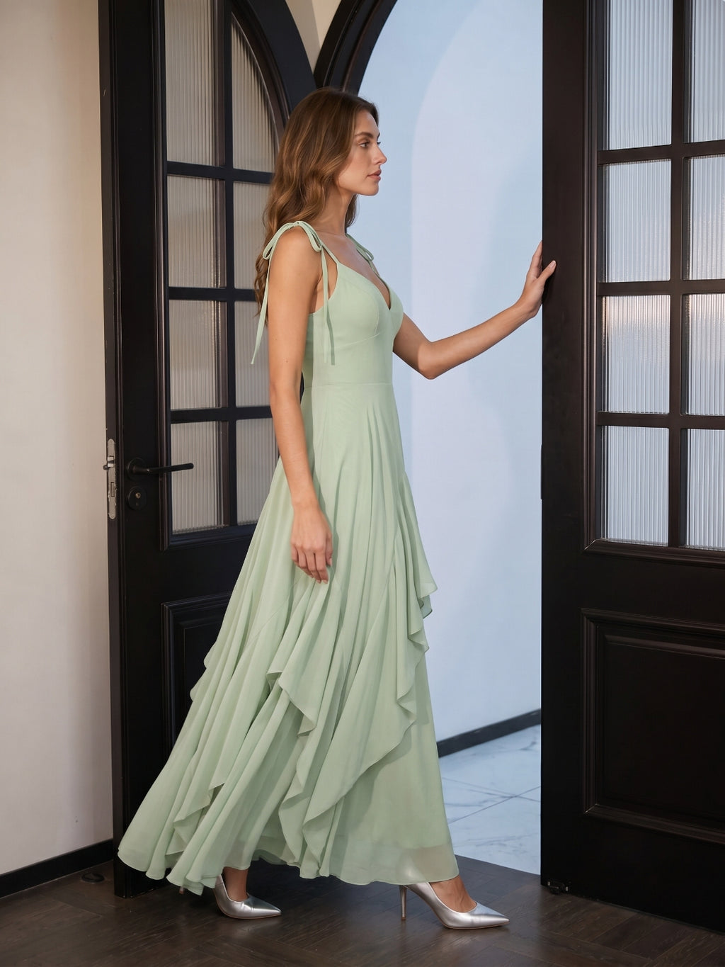 Breezy Dusty Sage Chiffon A-Line V-Neck Backless Floor-Length Bridesmaid Dress with Ruffle