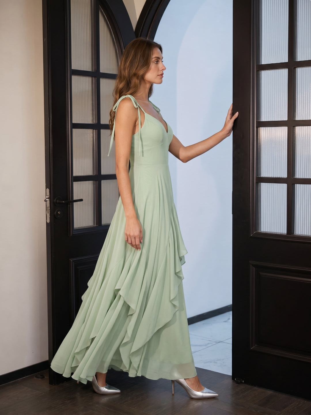 Breezy Dusty Sage Chiffon A-Line V-Neck Backless Floor-Length Bridesmaid Dress with Ruffle
