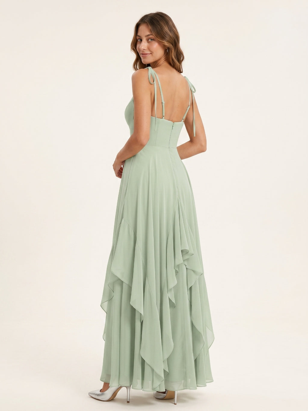 Breezy Dusty Sage Chiffon A-Line V-Neck Backless Floor-Length Bridesmaid Dress with Ruffle