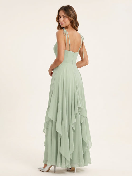 Breezy Dusty Sage Chiffon A-Line V-Neck Backless Floor-Length Bridesmaid Dress with Ruffle