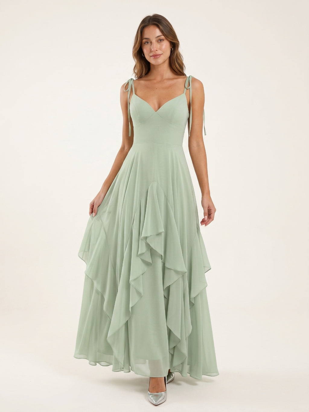 Breezy Dusty Sage Chiffon A-Line V-Neck Backless Floor-Length Bridesmaid Dress with Ruffle