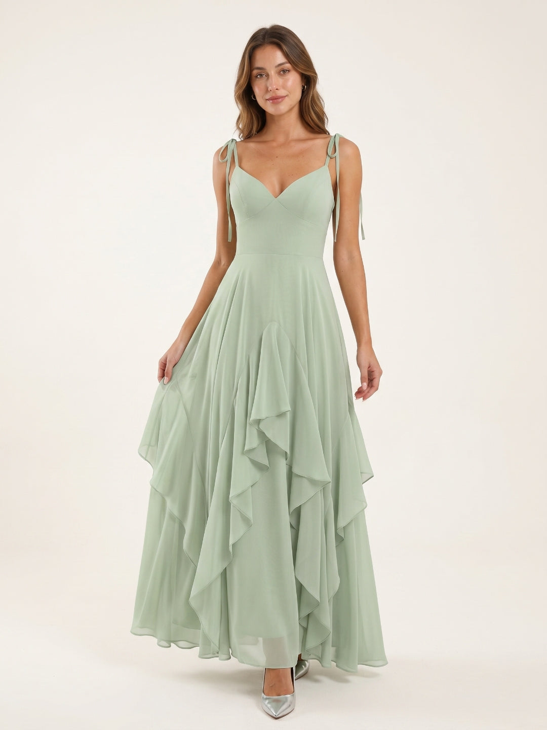 Breezy Dusty Sage Chiffon A-Line V-Neck Backless Floor-Length Bridesmaid Dress with Ruffle