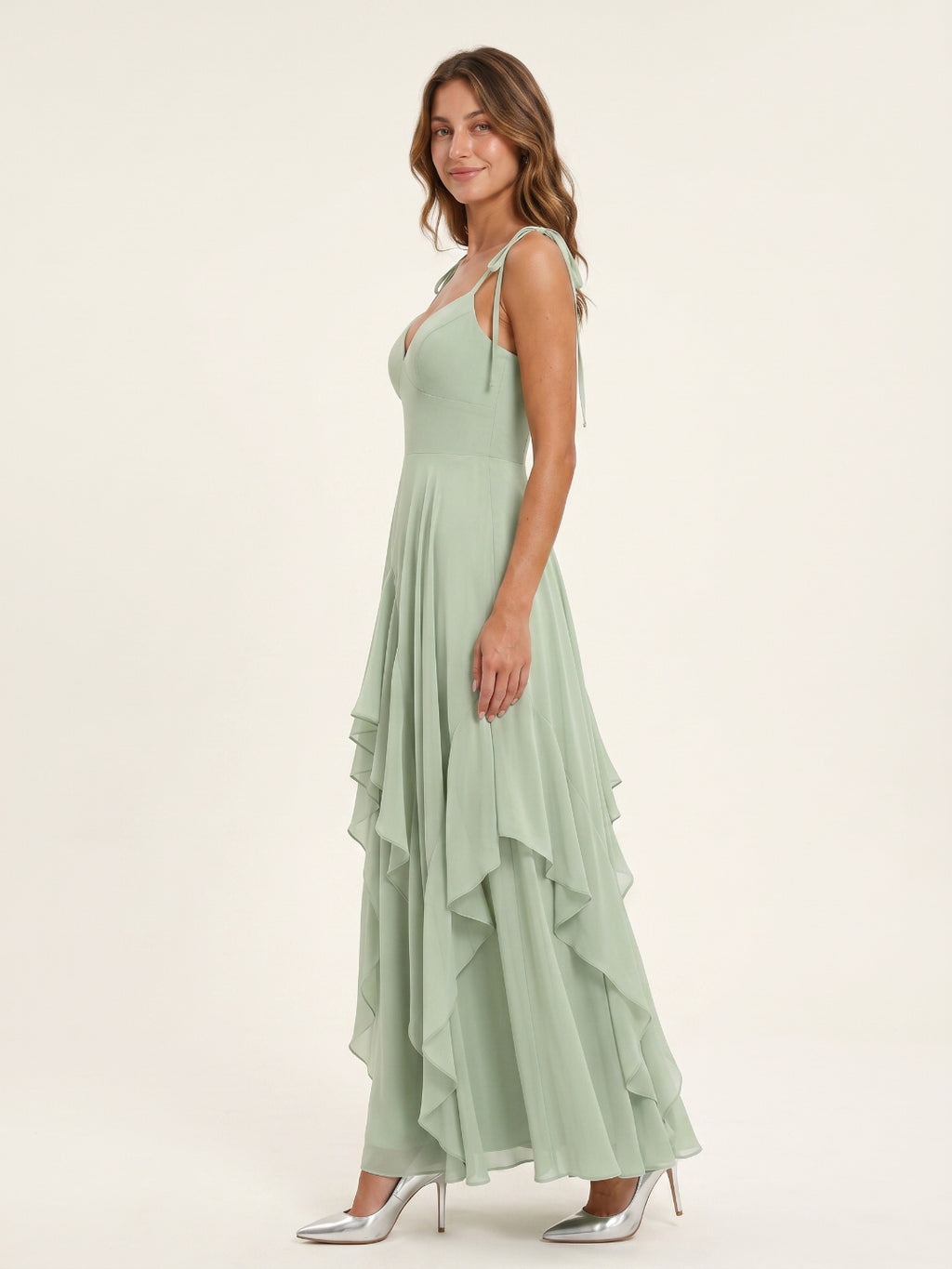 Breezy Dusty Sage Chiffon A-Line V-Neck Backless Floor-Length Bridesmaid Dress with Ruffle